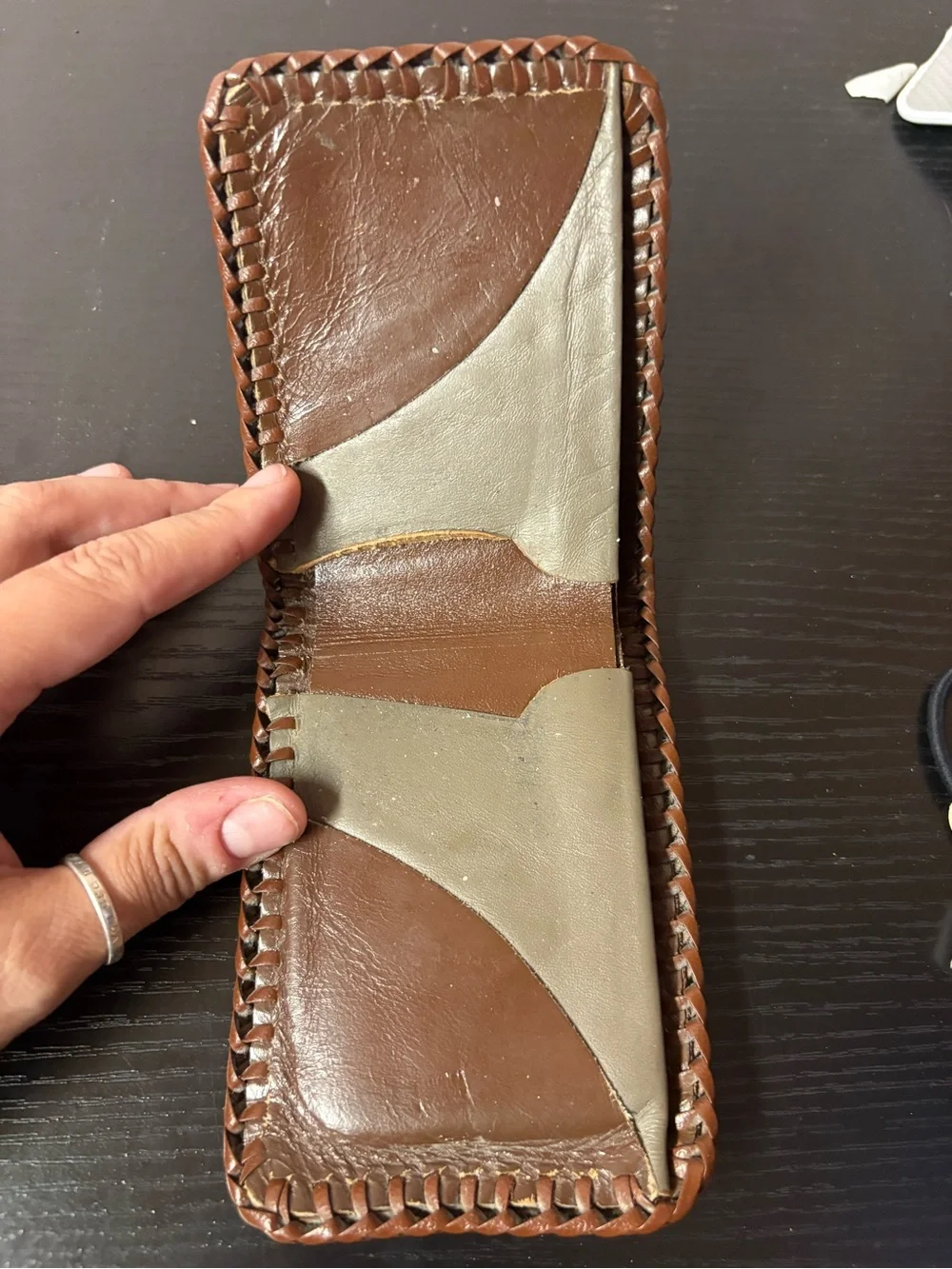 Hand Tooled Brown Leather Bifold Wallet Floral Western Braided Edge